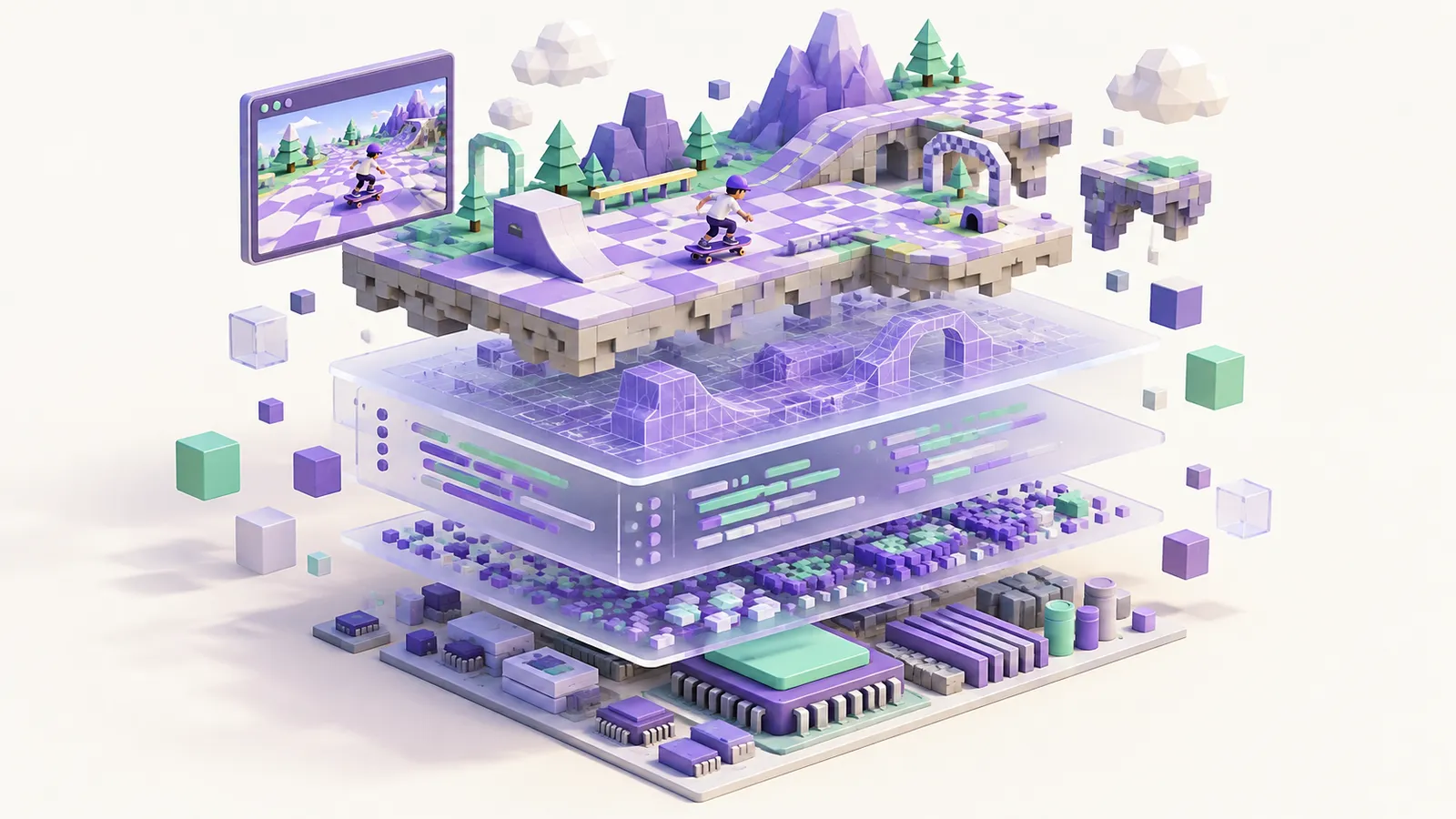 Conceptual exploded view of a retro skate world above code, geometry and hardware layers.